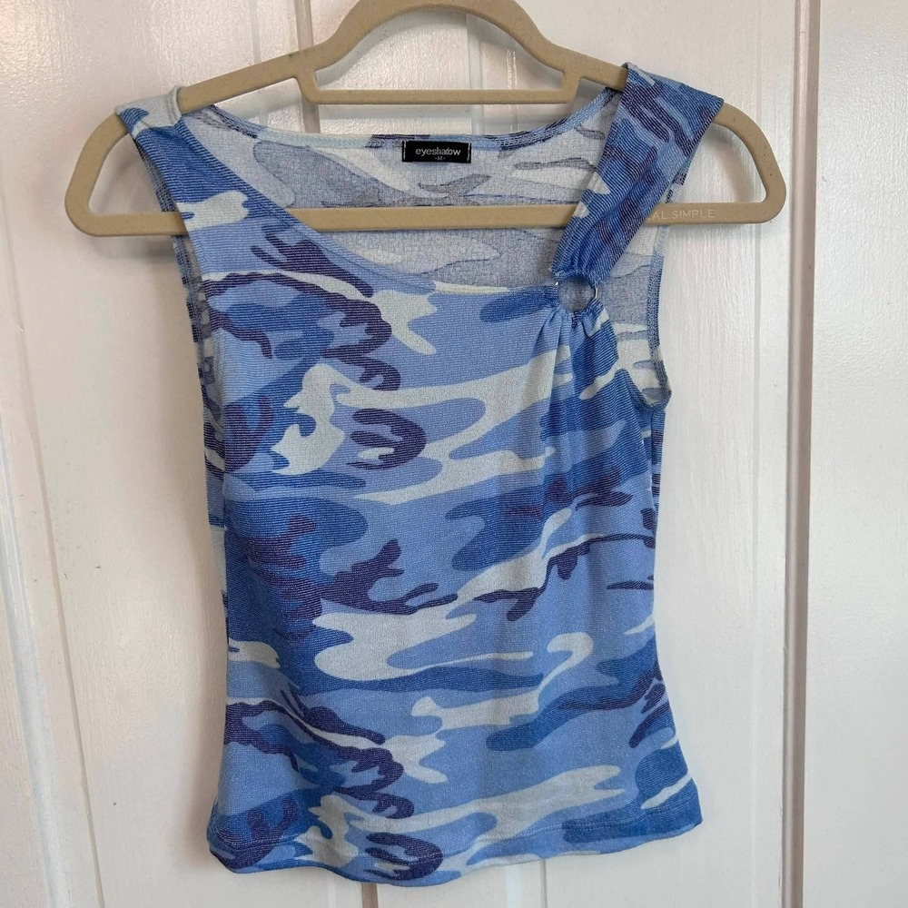 Eyeshadow Tank Top Womens Medium Blue Camo Asymmetrical O-Ring Y2K J8198KH